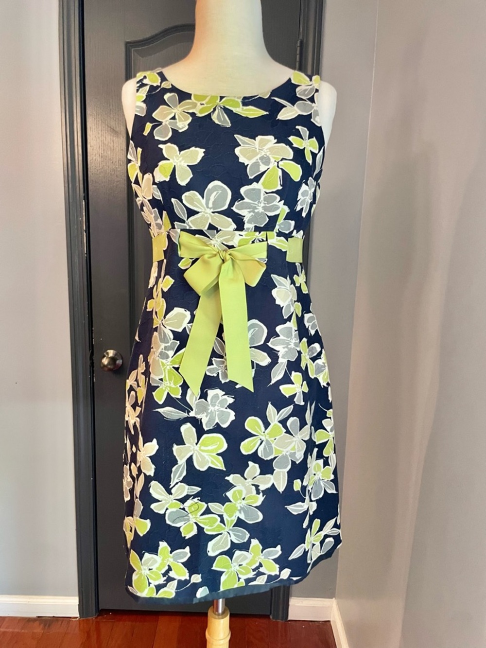 Kim Rogers Signature Floral Bow Sleeveless Dress - Navy and Lime